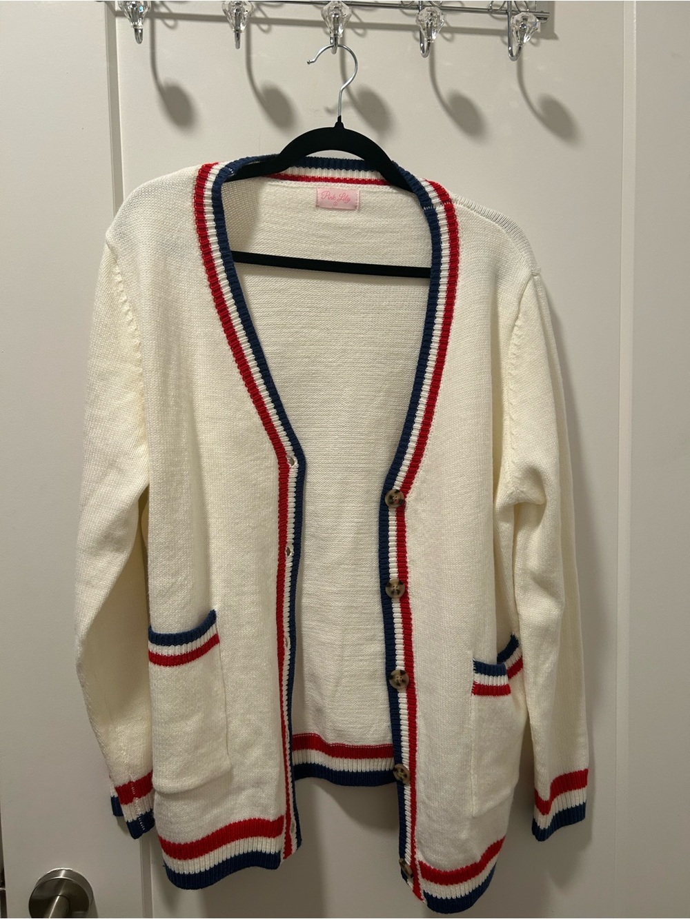 Pink Lily Varsity Striped V Neck Button Up Cardigan